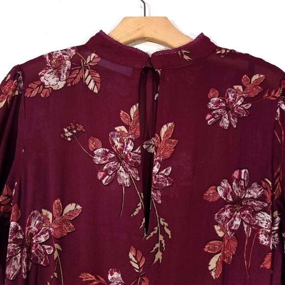 ASTR Kirsten High Neck Sheer Long Sleeve Mini Dress Wine Burgundy Red Medium - Picture 7 of 14